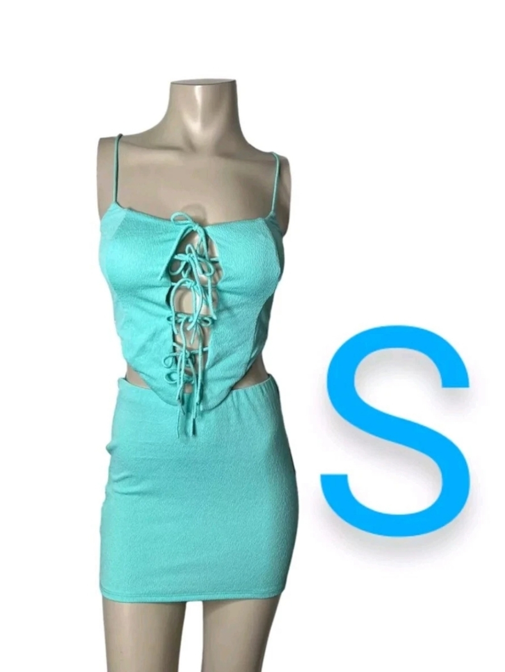 🆕Aqua Blue Textured Fashion Crop Top & Mini Skirt Set~Size S